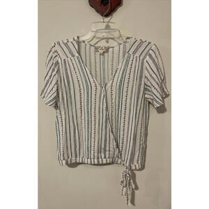 Pink Republic Women’s Small White Floral Striped Vneck Rayon Blouse! A1786